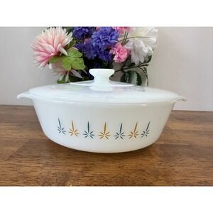 Vintage Fire King Candle Glow Covered Casserole‎ Dish Milk Glass Anchor Hocking